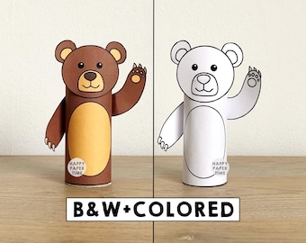 Bear Toilet Paper Roll Craft Forest Woodland Party Coloring Printable Decoration Kids Wild Play Cut out Glue DIY - Instant Download