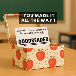 May include: A rectangular cardboard box with an open lid, featuring a pattern of red apples and green dots on a cream background. Inside, a white card displays the text: YOU MADE IT ALL THE WAY! Use this code on checkout for an extra 20% off. GOODREADER