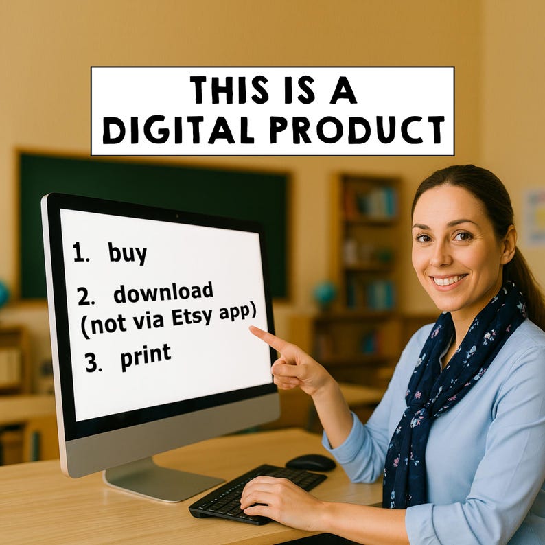 Puede incluir: Una mujer se&ntilde;ala una pantalla de ordenador con instrucciones para un producto digital. La pantalla muestra "1. comprar, 2. descargar (no a trav&eacute;s de la app de Etsy), 3. imprimir." Encima, una pancarta dice "ESTO ES UN PRODUCTO DIGITAL."