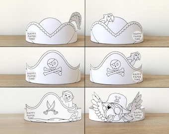 Pirate Paper Crowns Pirate Captain Parrot Printable Costume DIY Party Kids Headband paper hat Craft Birthday Favor Coloring Download