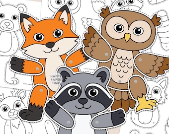 Forest Animals puppets paper toy craft activity articulated split pin jointed woodland coloring page printable DIY Instant Download