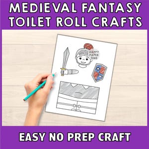 Pode incluir: Modelo de artesanato imprim&iacute;vel com um cavaleiro de armadura, espada e escudo. O modelo &eacute; projetado para uso com um rolo de papel higi&ecirc;nico. O texto "Easy No Prep Craft" est&aacute; na parte inferior da p&aacute;gina.