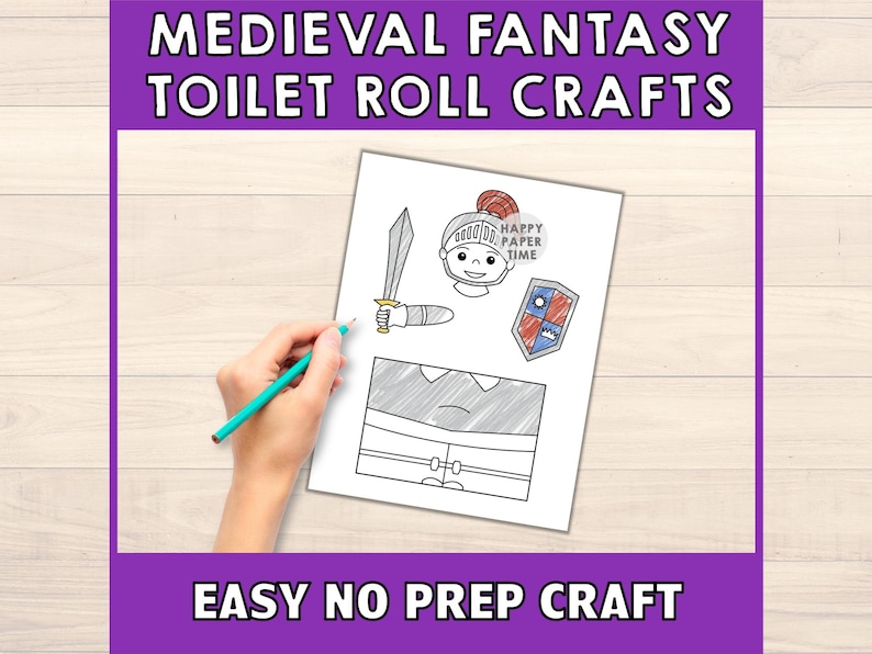 Pode incluir: Modelo de artesanato imprim&iacute;vel com um cavaleiro de armadura, espada e escudo. O modelo &eacute; projetado para uso com um rolo de papel higi&ecirc;nico. O texto "Easy No Prep Craft" est&aacute; na parte inferior da p&aacute;gina.