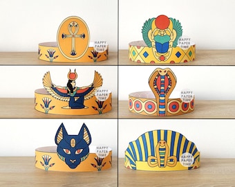 Ancient Egypt Paper Crowns Pharaoh Cobra Cleopatra Isis Scarab Cat Ankh Printable Kids Craft Birthday Party Favor Costume DIY Download