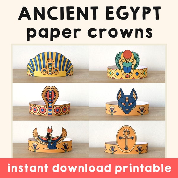 Altes Ägypten Papier Kronen Pharao Kobra Cleopatra Isis Skarabäus Katze Ankh druckbare Kinder Handwerk Geburtstag Party Favor Kostüm DIY Download