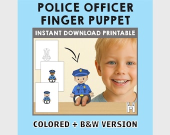 Manualidad de papel de oficial de policía imprimible. Marionetas de dedo de ayudante comunitario. Manualidad de policía para niños. Día de la profesión. Marionetas para colorear para niños. Descarga instantánea.