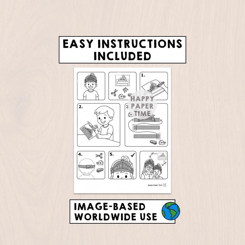 Pu&ograve; includere: Un foglio di istruzioni in bianco e nero intitolato EASY INSTRUCTIONS INCLUDED, che presenta cinque passaggi numerati con illustrazioni che mostrano come assemblare un elmo da cavaliere di carta, inclusi il taglio, l'incollaggio e l'uso.