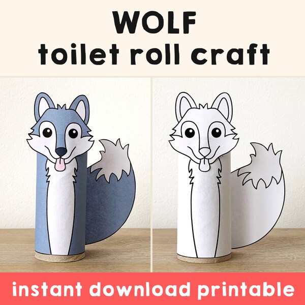 Wolf Toilet Paper Roll Craft Forest Woodland Party Coloring Printable Decoration Kids Wild Play Cut out Glue DIY - Instant Download
