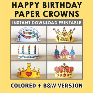 Happy Birthday Paper Crowns Party B-Day Printable Kids Craft Birthday Party Favor Headbands Hat Download