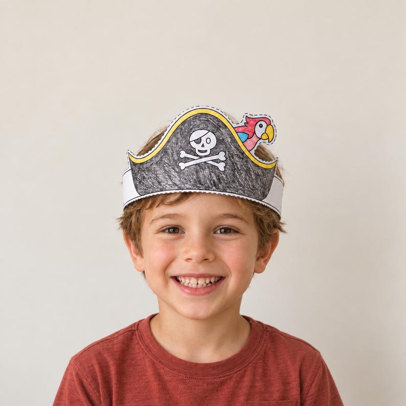 May include: A paper pirate hat featuring a black and white skull and crossbones design with a colourful parrot illustration on the side. The hat is constructed from white paper with hand-drawn black shading and a yellow trim along the top edge.