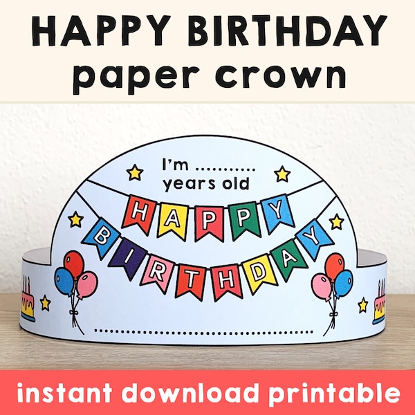 Happy Birthday Paper Crown Party Activity Printable Kids Template Craft Cake Birthday Decor Printable Favor pdf favor DIY Instant Download