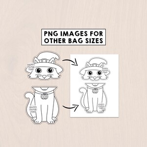 Puede incluir: Ilustraci&oacute;n en blanco y negro de un gato con sombrero de bruja y collar de calabaza. La imagen incluye el texto "PNG IMAGES FOR OTHER BAG SIZES" y las palabras "HAPPY PAPER TIME".