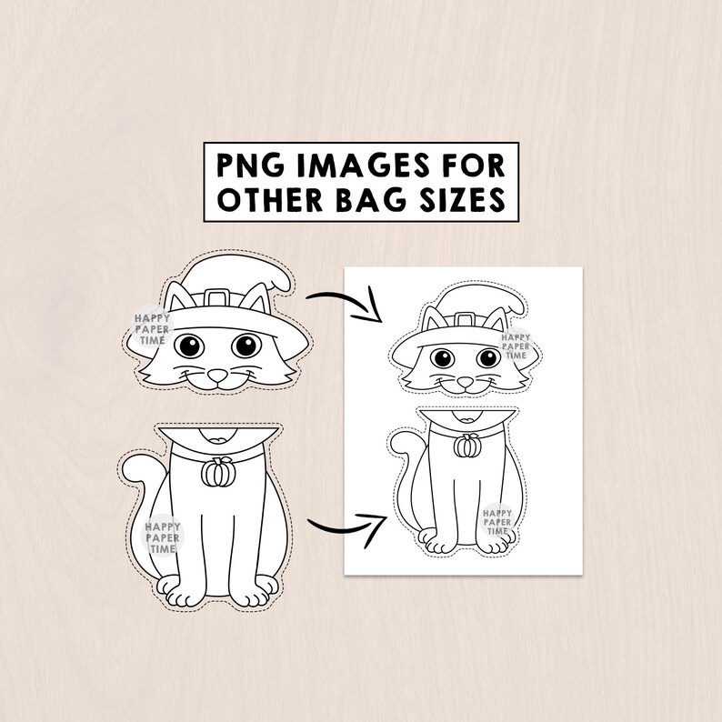 Puede incluir: Ilustraci&oacute;n en blanco y negro de un gato con sombrero de bruja y collar de calabaza. La imagen incluye el texto "PNG IMAGES FOR OTHER BAG SIZES" y las palabras "HAPPY PAPER TIME".