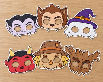 Halloween-Masken-Set zum Ausdrucken (PDF), 6 gruselige Kostümmasken, einfache Bastelvorlage zum Ausdrucken und Ausschneiden, für Kinder und Erwachsene, sofortiger Download