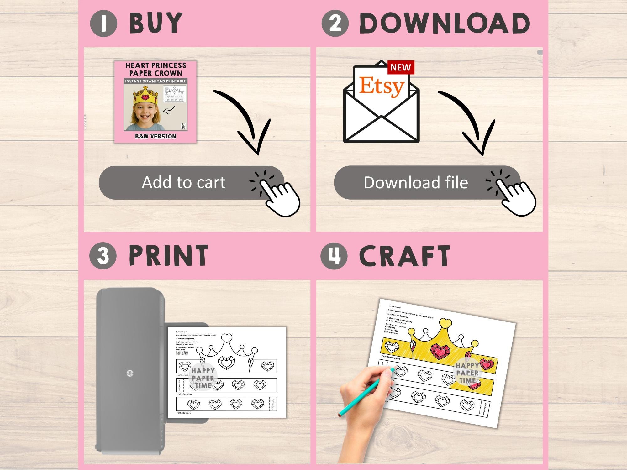Heart Princess Paper Crown Craft Headband Party Activity Printable Kids ...