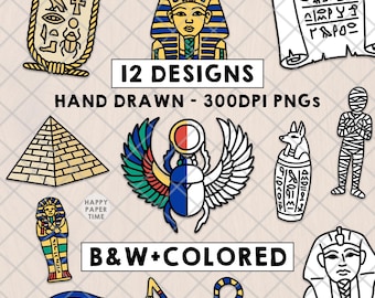 Ancient Egypt Clipart Icons Line Art History PNG Classroom Decoration Clip Art Egyptian Graphics Hand Drawn Doodle Cartoon Design Bundle Set
