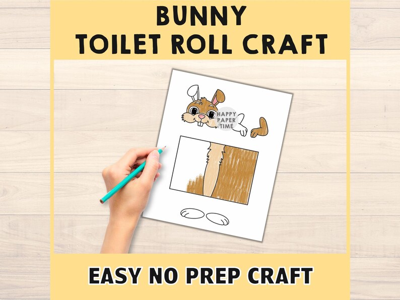 May include: Printable craft template for making a bunny out of a toilet paper roll. The template includes a bunny head, body, and feet. The text "Happy Paper Time" is included on the template.