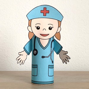 K&ouml;nnte beinhalten: Ein druckbares Papierbastelset einer Krankenschwester in blauer Uniform mit einem roten Kreuz auf ihrem Hut und einem Stethoskop um den Hals. Die Krankenschwester hat braunes Haar und ein l&auml;chelndes Gesicht.