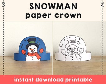 Muñeco de nieve papel corona sombrero fiesta de vacaciones de invierno colorear imprimible niños artesanía traje imprimible favor traje DIY - Descarga instantánea