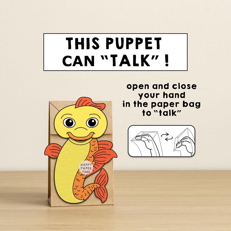 Goldfish Paper Bag Puppet Printable Pet Fish Animal Craft Activity Cut Paste Coloring Party Favor Instant Download image 7