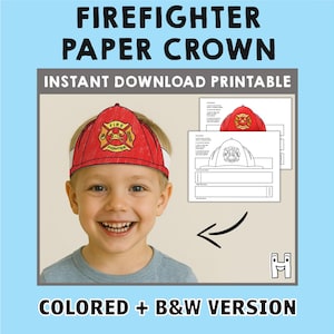 Firefighter helmet Paper Crown Party Coloring Printable Kids Craft Fireman Costume Birthday Printable Favor Costume DIY - Instant Download