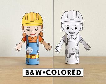 Builder Toilet Paper Roll Craft construction worker Party Coloring Printable Decoration Kids Career Day Community Helpers, Instant Download