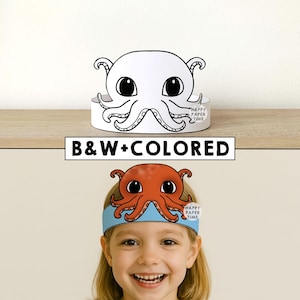 Octopus Paper Crown Party Coloring Printable party hat Kids Craft Ocean animal Birthday template Favor pdf Costume DIY, Instant Download