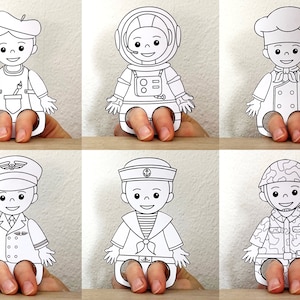 May include: Set of six printable finger puppets featuring different professions, including an artist, astronaut, chef, pilot, sailor, and soldier. Each puppet is black and white and ready to be colored.