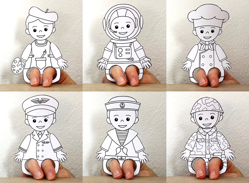 May include: Set of six printable finger puppets featuring different professions, including an artist, astronaut, chef, pilot, sailor, and soldier. Each puppet is black and white and ready to be colored.