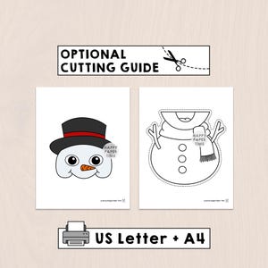 Puede incluir: Dos plantillas imprimibles para manualidades de mu&ntilde;ecos de nieve. Una muestra la cara de un mu&ntilde;eco de nieve con sombrero negro, ojos y nariz de zanahoria. La otra muestra el cuerpo del mu&ntilde;eco de nieve con bufanda y botones. El texto dice "Optional Cutting Guide" y "US Letter + A4".