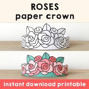 Roses Paper Crown Party Coloring Printable Kids Craft Spring Fairy Costume Birthday Printable Favor Costume DIY - Instant Download