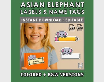 Elephant Name Tags Classroom Labels Asian Animal Zoo Editable Files Powerpoint PDF - Instant Download