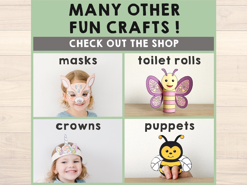 May include: A collage of four images showing different craft ideas for kids. The images show a deer mask, a butterfly made from a toilet paper roll, a unicorn crown, and a bee puppet.