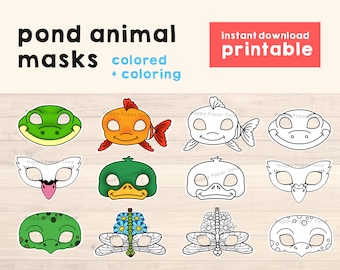 Duck Mask, Frog mask, Dragonfly mask, Turtle, Animal Mask, Pond Animals Crafting Kid Party Favor Printable, Craft Activity, Instant Download