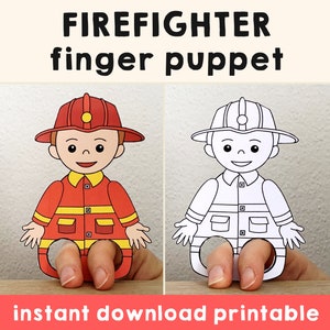 Brandweerman papier ambachtelijke afdrukbare Community Helper Finger Puppet Kids Fire Safety Craft Carrièredag Kids Coloring Puppet - Instant Download