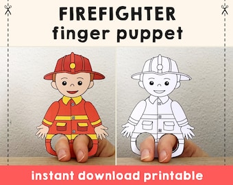 Manualidad de papel de bombero imprimible. Marioneta de dedo de ayudante comunitario. Manualidad de seguridad contra incendios para niños. Día de la profesión. Marioneta para colorear para niños. Descarga instantánea.