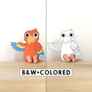 Parrot paper craft printable pet animal Finger Puppet Bird Kids Craft Birthday Party Kids Coloring Puppet - Instant Download