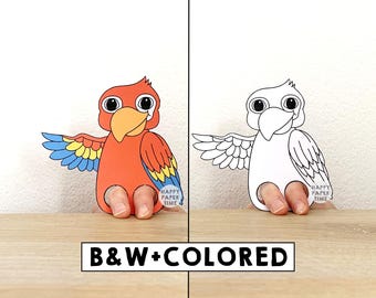 Manualidad de papel de loro para imprimir, títere de dedo, pájaro, para niños, fiesta de cumpleaños, títere para colorear - Descarga instantánea