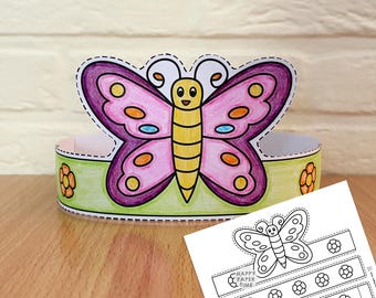 Butterfly Paper Crown Headband Party Coloring Printable Kids Craft Activity Cute Girl Birthday Decor Favor pdf Costume DIY Instant Download