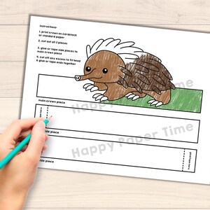 May include: A printable paper craft template for making a crown shaped like an echidna. The template includes instructions to cut out three pieces and glue or tape them together. The echidna is brown with a white stripe on its head and is drawn in a cartoon style.