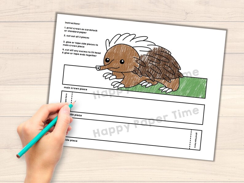 May include: A printable paper craft template for making a crown shaped like an echidna. The template includes instructions to cut out three pieces and glue or tape them together. The echidna is brown with a white stripe on its head and is drawn in a cartoon style.