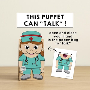 K&ouml;nnte beinhalten: Eine Papiert&uuml;tenpuppe in Form einer Krankenschwester mit t&uuml;rkisfarbener Uniform und einem roten Kreuz auf dem Hut. Der Text "THIS PUPPET CAN 'TALK'!" steht &uuml;ber der Puppe. Ein kleineres Bild zeigt, wie man die Puppe zum Sprechen bringt.