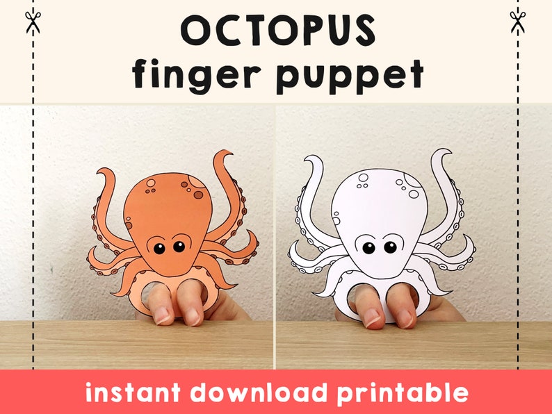 K&ouml;nnte beinhalten: Ausdruckbare Fingerpuppe eines Oktopus. Der Oktopus ist orange mit schwarzen Augen und einem wei&szlig;en Mund. Der Ausdruck ist bereit zum Ausschneiden und Ausmalen.