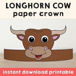Cow Longhorn Paper Crown Headband Party Printable Kids Craft Wild West Costume Birthday Printable Favor DIY - Instant Download