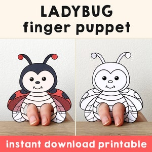Modello stampabile di burattino da dito per artigianato di carta coccinella Attività artigianale per bambini Festa di compleanno di animali Stampa di carta da colorare - Download istantaneo