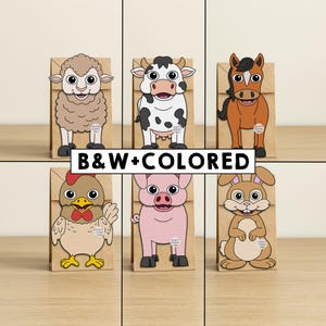 Farm Animals Paper Bag Puppets Printable Craft Activity Cut Paste Coloring Party Favor Instant Download