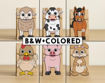 Marionetas de animales de granja con bolsas de papel: actividad imprimible para recortar, pegar y colorear. Ideal para fiestas. Descarga instantánea.