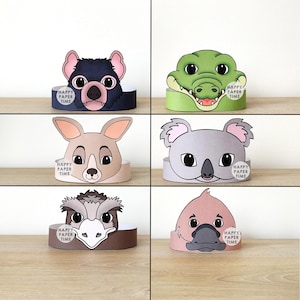 Australian animal Paper Crowns Headband Safari Koala Kangaroo Crocodile Emu Platypus Printable Kids Craft Birthday Party Favor Costume