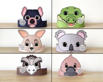 Australian animal Paper Crowns Headband Safari Koala Kangaroo Crocodile Emu Platypus Printable Kids Craft Birthday Party Favor Costume
