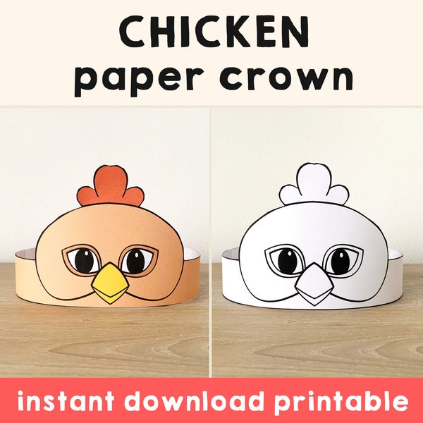 Pollo papel corona para colorear actividad imprimible niños artesanía granja animal fiesta de cumpleaños favor polluelo traje de Pascua DIY Descarga instantánea